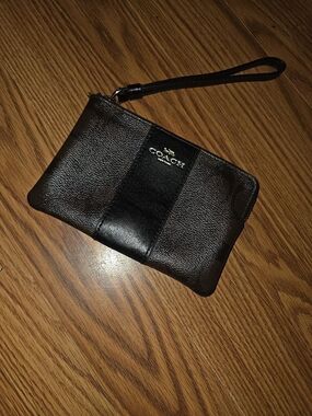 Coach Black Leather Wristlet Pouch with Center Panel